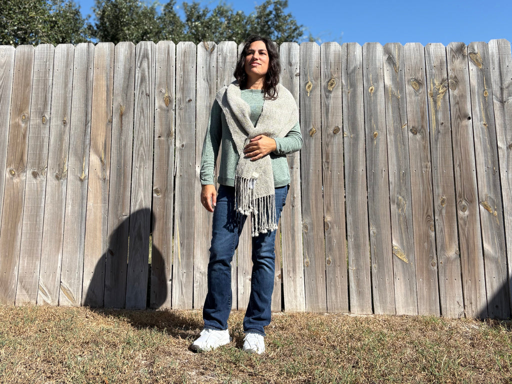 Hand-spun Alpaca Wool Scarf – Handwoven, Natural Gray