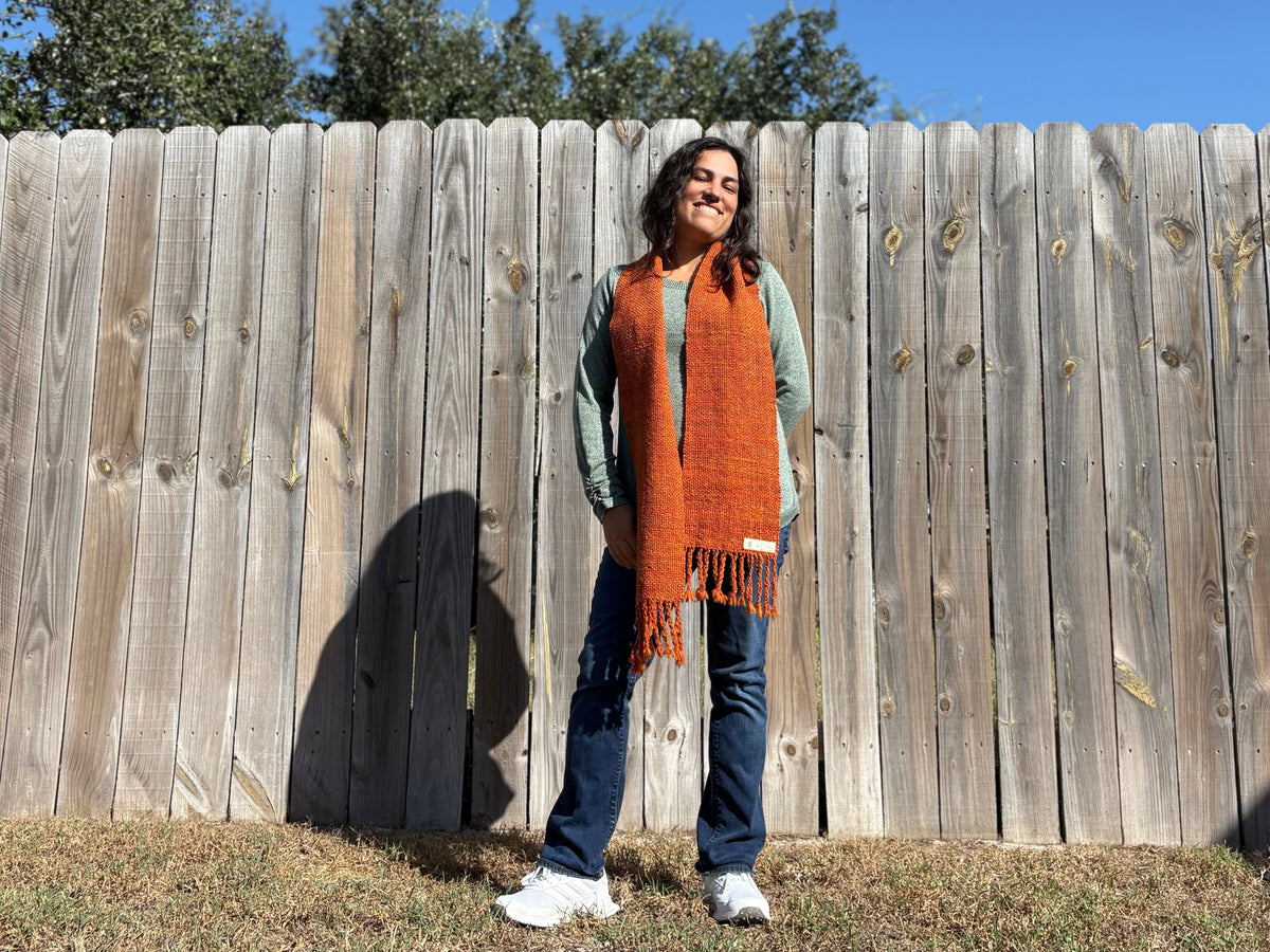 Hand-spun Merino Wool Scarf, Handwoven, Warm Pumpkin Pie Autumn Tones