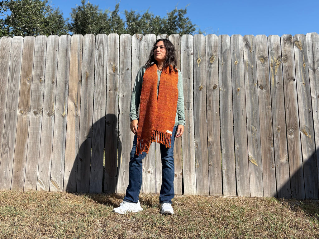 Hand-spun Merino Wool Scarf, Handwoven, Warm Pumpkin Pie Autumn Tones