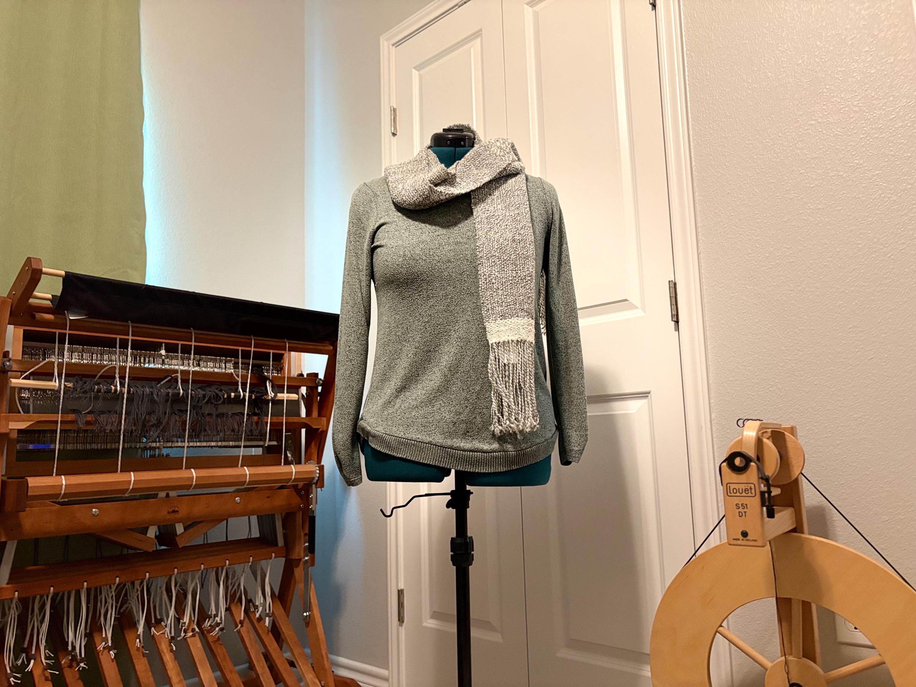 Textured Gray Wool Scarf Hand-spun Handwoven