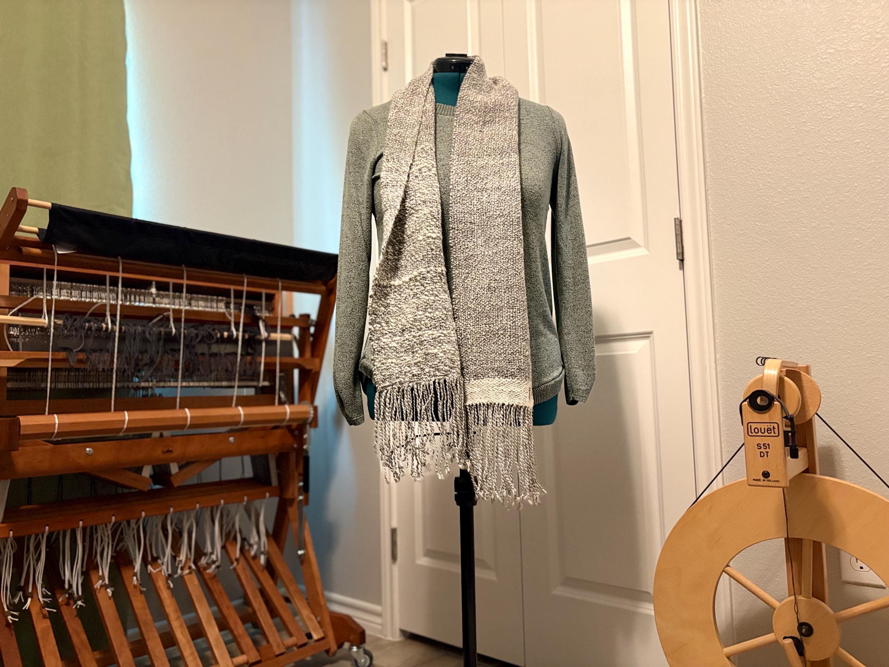 Textured Gray Wool Scarf Hand-spun Handwoven